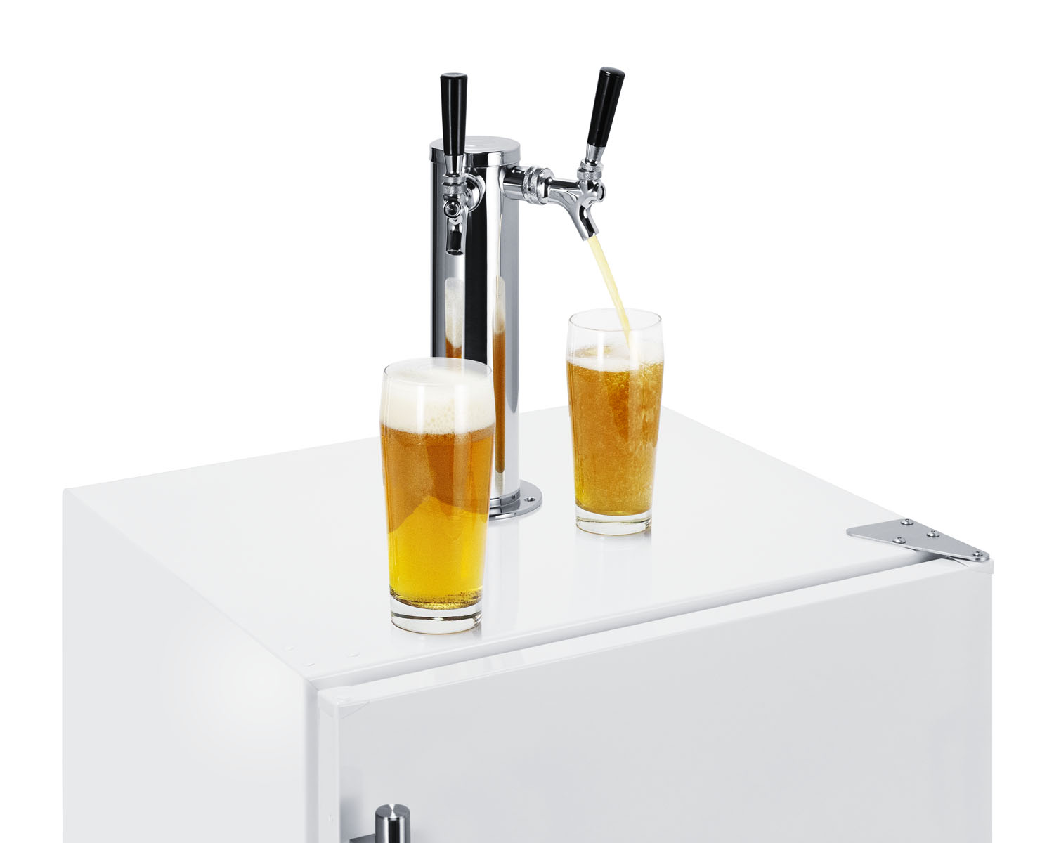 Built-in undercounter ADA height commercially listed dual tap beer dispenser in white with stainless steel handle